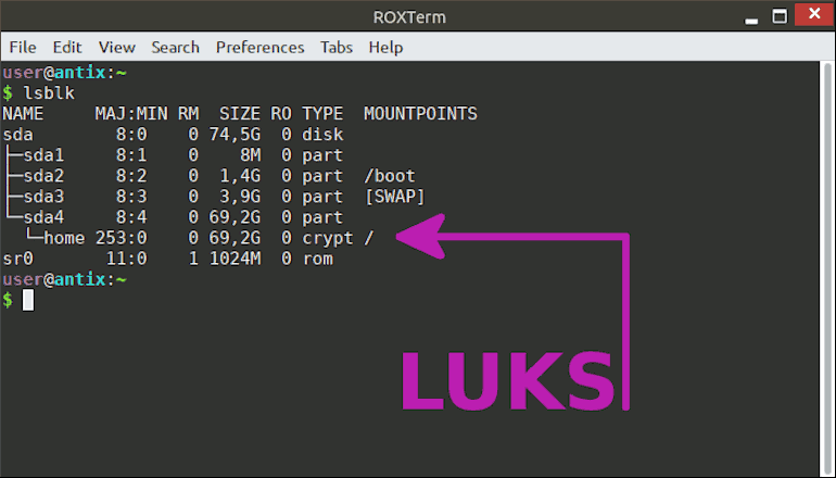 Установка antiX на зашифрованный раздел LUKS