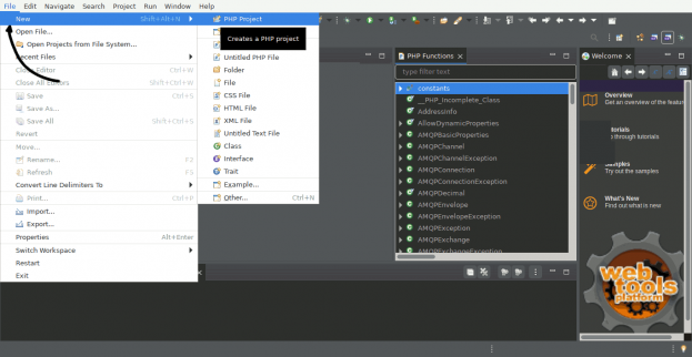 Création d'un nouveau projet PHP dans Eclipse à partir du menu Fichier -Nouveau - Projet PHP
