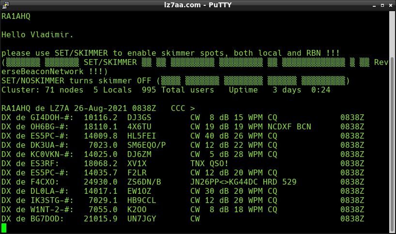 Konfigurieren des PuTTY-Terminals für den Zugriff auf den DX-Cluster/CW-Skimmer