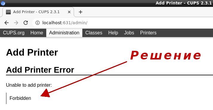 Behebung des CUPS-Problems beim Hinzufügen eines Druckers: "Unable to add printer: forbidden"